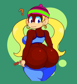 anthro beanie big_butt blonde_hair blue_eyes bottomwear bra breasts brown_body brown_fur butt butt_focus clothed clothing ear_piercing ear_ring eyelashes female fur green_background hair hat headgear headwear hoop_ear_ring huge_butt looking_at_own_butt medium_breasts pants piercing pigtails question_mark ring_piercing simple_background solo sports_bra struggling_to_fit thick_thighs tight_bottomwear tight_clothing tight_pants underwear wide_hips cyrockstar donkey_kong_(series) nintendo tiny_kong haplorhine kong mammal monkey primate 2026 absurd_res digital_drawing_(artwork) digital_media_(artwork) hi_res