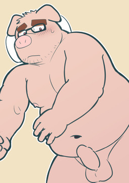 anthro balls belly blush erection eyewear genitals glasses humanoid_genitalia humanoid_hands humanoid_penis kemono lying male moobs navel nipples overweight overweight_male penis pillow simple_background solo kick_(artist) domestic_pig mammal suid suine sus_(pig) 2015 hi_res