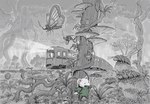 amazing_background anthro backpack biped bottomwear clothing detailed_background dot_eyes feral micro outside pants plant scenery_porn simple_eyes train tree vehicle ryo_yambe arthropod mammal mouse murid murine rodent unknown_species 2023 detailed greyscale hi_res monochrome
