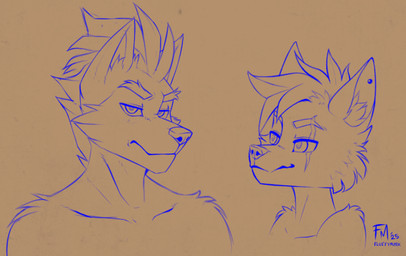 ambiguous_gender angry annoyed anthro arm_tuft cheek_tuft duo ear_piercing eyebrows facial_tuft fluffy frown grin hair inner_ear_fluff looking_at_viewer male mohawk piercing pointy_ears scar seductive shoulder_tuft smile smug smug_face thick_eyebrows tuft fluffyminx canid canine canis mammal wolf bust_portrait portrait sketch