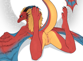 5_toes anthro anus biped blue_eyes breasts butt calves_up claws feet female genitals horn innie_vulva looking_at_viewer looking_back looking_back_at_viewer lying nude nude_anthro nude_female on_front plump_labia raised_tail rear_view red_body red_tail red_wings solo spread_legs spreading tail tail_anus the_pose thick_tail three-quarter_view toe_claws toes vulva wings w4g4 mythology eztli_(user_55) dragon mythological_creature mythological_scalie scalie 2025 digital_media_(artwork) hi_res