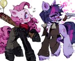 1_horn balloon bat_(object) belt black_clothing black_jacket black_topwear blood blood_on_clothes blood_on_face blue_eyes bodily_fluids boots bottomless bottomless_female bottomwear brown_clothing brown_jacket brown_topwear clothed clothing cosplay crossover_cosplay curled_tail curly_hair cutie_mark duo female feral fetlocks footwear fur gun hair heart_symbol holding_bat holding_gun holding_object holding_ranged_weapon holding_weapon hooves horn inflatable jacket long_sleeves looking_at_viewer magic open_clothing open_jacket open_mouth open_smile open_topwear pants pink_body pink_fur pink_hair pink_tail purple_body purple_eyes purple_fur purple_hair purple_tail ranged_weapon red_scarf scarf shirt shoes simple_background smile smiling_at_viewer tail teeth telekinesis topwear weapon white_background white_clothing white_shirt white_topwear p0nyplanet friendship_is_magic hasbro my_little_pony mythology the_walking_dead negan_smith pinkie_pie_(mlp) rick_grimes twilight_sparkle_(mlp) earth_pony equid equine horse mammal mythological_creature mythological_equine pony unicorn crossover digital_media_(artwork) digital_painting_(artwork) hi_res painting_(artwork) watermark