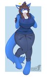 anthro big_breasts blue_body blue_bottomwear blue_clothing blue_eyes blue_fur blue_hair blue_pants blue_shirt blue_tail blue_topwear bottomwear breasts brown_hair clothed clothing crossgender denim denim_bottomwear denim_clothing female fur hair huge_breasts jeans mtf_crossgender pants shirt solo tail topwear white_body white_chest white_fur dreanzwolf mythology dragon furred_dragon furred_scalie mythological_creature mythological_scalie scalie absurd_res hi_res