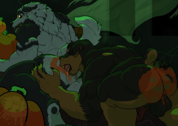 anal anthro anus arm_tattoo back_muscles balls bent_legs bent_over bodily_fluids breath brown_body brown_fur butt cursed cursed_image curtains duo eyes_closed eyewear eyewear_on_head food fruit fur genital_fluids genitals glowing glowing_eyes green_light green_lighting grey_body grey_fur jumpscare leaking_precum male male/male multicolored_body multicolored_fur muscular muscular_anthro muscular_male nude oral panting plant precum presenting presenting_hindquarters pumpkin pumpkin_butt raised_tail rimming rimming_male saliva saliva_string sex spread_anus spread_butt spread_legs spreading sunglasses sunglasses_on_head tail tattoo wide_eyed yelling audiophilliac mythology cx rennin canid canine canis domestic_dog ghost mammal mastiff molosser mythological_canine mythological_creature rottweiler spirit werecanid werecanine werecreature werewolf wolf hi_res