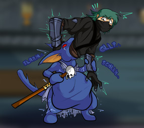 anthro blurred_background duo exclamation_point green_hair hair holding_object holding_weapon human_prey male ninja_suit oral_vore red_eyes size_difference smaller_pred staff swallowing swallowing_sound_effect unwilling_prey vore weapon archangellllll adventurequest adventurequest_worlds artix_entertainment dragonfable zorbak human humanoid mammal moglin hi_res