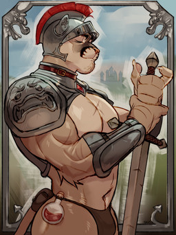 anthro armor biceps biped bulge butt countershade_face countershade_torso countershading fur glistening glistening_body glistening_fur headgear helmet holding_melee_weapon holding_object holding_sword holding_weapon male melee_weapon muscular muscular_anthro muscular_male navel pecs pose scar solo sword tail tan_body tan_countershading tan_fur unconvincing_armor weapon hexedcoin repzzmonster_(character) cougar felid feline mammal 2025 absurd_res digital_media_(artwork) hi_res