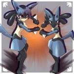 1:1 alternate_species animal_humanoid anthro black_body black_fur blue_body blue_fur blue_hair canid canine clothing costume duo female fur generation_4_pokemon hair humanoid humanoidized low_res lucario mammal nintendo pokemon pokemon_(species) pokemon_costume pokemon_humanoid pokemorph ranphafranboise red_eyes tail yellow_body yellow_fur