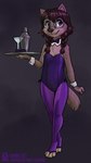 anthro black_nose brown_body brown_fur claws clothing cocktail_glass cocktail_mixer container cup drinking_glass eyewear female finger_claws fur glass glass_container glass_cup glasses hair holding_tray leotard purple_clothing solo tray waiter_tray young young_anthro young_female lichfang canid canine canis mammal wolf hi_res