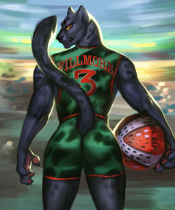 anthro athletic athletic_anthro athletic_female ball basketball_(ball) basketball_uniform bottomwear butt camel_toe clothed clothing female fingers fur holding_ball holding_object looking_at_viewer looking_back markings melanistic rear_view roarball_(ball) shirt shorts solo sportswear spots spotted_body stable standing tail tank_top topwear uniform felicia_cat goat_(movie) sony_corporation sony_pictures jett_fillmore felid leopard mammal pantherine digital_media_(artwork) hi_res