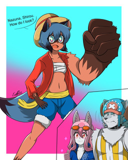 anthro black_nose black_tail_tip blood blue_hair blue_tail bodily_fluids bottomwear clothing collar dipstick_tail eyewear female female/female fur gloves_(marking) grey_body grey_fur group hair male markings midriff navel nosebleed pink_hair shorts sunglasses tail tail_markings trio willfurr brand_new_animal one_piece studio_trigger michiru_kagemori nazuna_hiwatashi shirou_ogami canid canine canis fox mammal raccoon_dog tanuki wolf 2020 4:5 hi_res