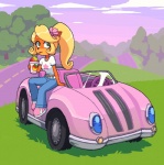 accessory anthro belt biped blonde_hair bottomwear breasts car clothed clothing denim denim_bottomwear denim_clothing female flower flower_in_hair footwear green_eyes hair hair_accessory jeans midriff navel outside pants plant ponytail shirt shoes solo topwear vehicle kempferzero activision crash_bandicoot_(series) coco_bandicoot bandicoot mammal marsupial 2017