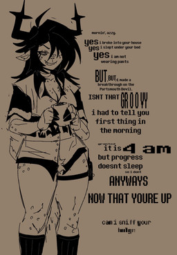 anthro aroused black_hair bottomless bottomless_female break_in breasts cleavage clothed clothing container cup dialogue fast_food_uniform female footwear hair hair_over_eye horn mug pubes requesting sex_request smile socks solo text katztonight deltarune undertale_(series) dess_holiday deer mammal english_text hi_res