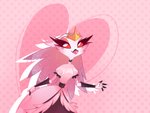 anthro beak clothing crown dress female headgear light_smile pink_background red_sclera simple_background solo cherriimiu helluva_boss stella_(helluva_boss) avian bird demon owl 4:3 hi_res