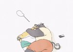 2022 anthro belly blush bottomwear bovid bovine canid canine canis cattle cellphone clothing domestic_dog duo electronics hi_res hug kemono lying male male/male mammal overweight overweight_male phone pommn_mn shirt shorts simple_background smartphone topwear