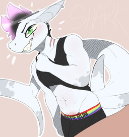 anthro clothed clothing ear_piercing fur green_eyes hair male piercing smile solo standing teeth text text_on_clothing text_on_underwear topwear underwear backsash sash_(backsash) aquatic fish shark 2019 absurd_res digital_media_(artwork) hi_res