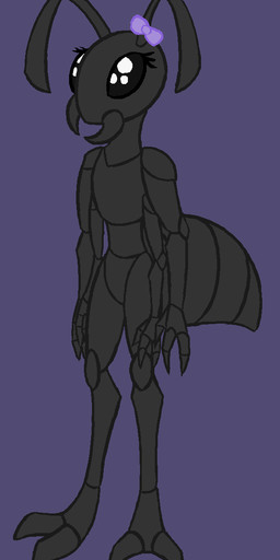 2_toes 3_fingers 4_arms antennae_(anatomy) anthro arthropod_abdomen black_body black_exoskeleton casual_nudity exoskeleton eyelashes featureless_crotch feet female fingers mandibles multi_arm multi_limb no_eyebrows nude nude_anthro nude_female purple_background purple_bow simple_background solo standing three-quarter_view toes spezza ant arthropod hymenopteran insect 2017 6:13 digital_drawing_(artwork) digital_media_(artwork) hi_res
