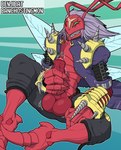 anthro arm_spikes balls belt belt_buckle buckle clothing coat erection feet foreskin genitals hair insect_wings long_hair male masturbation penis red_body shoulder_spikes sitting solo spikes spikes_(anatomy) text topwear wings benjibat conditional_dnp bandai_namco digimon arthropod banchostingmon insect hi_res