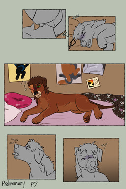 alternate_universe bed drugged drugging drugs duo eyebrow_piercing facial_piercing facial_scar feral fur furniture hair male male/male on_bed piercing poster scar simple_background speech_bubble substance_intoxication text puppyratcat canid canine canis domestic_dog mammal 2:3 comic digital_media_(artwork) english_text hi_res