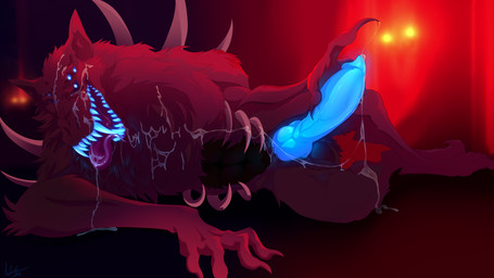 anthro ball_tuft balls big_penis bioluminescence blue_eyes blue_penis blue_teeth bodily_fluids brown_body brown_fur chest_tuft claws cum cum_drip cum_on_face cum_on_self cum_on_tongue dripping erection feral fur genital_fluids genitals glowing glowing_eyes glowing_genitalia glowing_penis glowing_teeth hand_on_penis huge_penis knot knotted_penis lying male multi_eye on_side penis precum saliva sharp_teeth simple_background solo spikes spikes_(anatomy) teeth tongue tongue_out tuft weskers castlevania konami blue_fangs_(castlevania) demon monster night_creature_(castlevania) hi_res