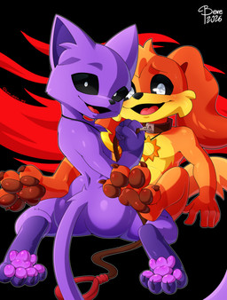 anthro black_eyes black_sclera blush claws collar dominant duo fur leash leash_pull leashed_collar male orange_body orange_fur pawpads paws purple_body purple_fur shy shy_expression smile smiling_at_viewer submissive toe_claws toony white_eyes bere_dolly_art bere_nsfw mob_entertainment poppy_playtime smiling_critters catnap_(poppy_playtime) dogday_(poppy_playtime) canid canine canis domestic_cat domestic_dog felid feline felis mammal absurd_res cel_shading hi_res shaded