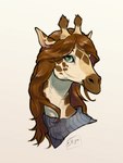 anthro brown_hair brown_mouth clothing female fur geen_eyes hair horn long_hair long_neck looking_at_viewer markings ossicone smile solo spots spotted_markings sweater tan_body tan_fur topwear turtleneck hiccupby gracey_halvenka giraffe giraffid mammal 2022 3:4 headshot_portrait portrait