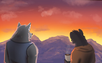 anthro blue_clothing blue_shirt blue_tank_top blue_topwear clothing cloud coffee_cup container cup detailed_background duo ear_piercing ear_ring fur grey_body grey_fur holding_coffee_cup holding_container holding_cup holding_object hoodie humanoid_hands landscape male mountain orange_clothing orange_hoodie orange_topwear outside piercing rear_view ring_piercing shirt smoke steam sunset tank_top topwear pawhan3 password_(visual_novel) dave_(password) tyson_(password) canid canine canis hyena mammal striped_hyena wolf 16:10 hi_res widescreen