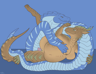 anthro apode areola big_breasts blue_body blue_eyes breasts claws dragon_tail duo erection female female_penetrated fingers forked_tongue genitals green_eyes hand_on_breast horn legless lying male male/female male_penetrating male_penetrating_female nipples non-mammal_breasts nude nude_anthro nude_female nude_male on_side overweight overweight_anthro overweight_female penetration penile penile_penetration penis penis_in_vagina scales serpentine sex simple_background snake_hood tail tongue vaginal vaginal_penetration vulva pmoss mythology ophius_(bahumot) thistle_(bahumot) cobra draconcopode dragon mythological_creature mythological_scalie naga reptile scalie snake digital_media_(artwork)