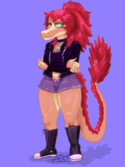 5_fingers alternate_costume anthro arm_under_breasts big_breasts black_boots black_clothing black_footwear black_jacket black_topwear blue_background boots bottomwear breasts clothing curvy_figure denim denim_bottomwear denim_clothing denim_shorts eyelashes feathered_tail feathers female fingers fishnet_clothing fishnet_topwear footwear glistening glistening_body glistening_breasts glistening_legs glistening_scales glistening_thighs green_eyes hair jacket leather leather_clothing leather_jacket leather_topwear light_body light_scales long_hair long_tail looking_at_viewer multicolored_body multicolored_scales one_eye_closed ponytail red_body red_feathers red_hair scales shoes shorts simple_background smile snout solo tail tail_tuft tan_body tan_scales thick_thighs topwear tuft two_tone_body two_tone_scales voluptuous voluptuous_anthro voluptuous_female wide_hipped_anthro wide_hipped_female wide_hips wink winking_at_viewer godai_v cavemanon_studios volcaldera_ashfall ashley_(volcaldera_ashfall) dinosaur dromaeosaurid feathered_dinosaur feathered_scalie prehistoric_species reptile saurischian scalie theropod 2026 3:4 absurd_res digital_drawing_(artwork) digital_media_(artwork) hi_res signature