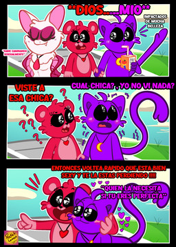 anthro blush female group love male purple_body red_body smile tail text trio white_body rocketlennon mob_entertainment nightmare_critters poppy_playtime smiling_critters bobby_bearhug catnap_(poppy_playtime) rabie_baby_(poppy_playtime) bat bear domestic_cat felid feline felis mammal absurd_res comic hi_res spanish_text translation_request