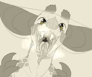 ambiguous_gender bodily_fluids drooling fangs fur mouth_shot open_mouth saliva smile solo teeth tongue tongue_out yellow_eyes backsash giraffe giraffid hybrid mammal 2019 digital_media_(artwork) hi_res