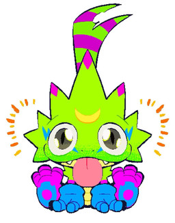 anthro blep chibi clothing gloves green_body handwear long_tongue male solo tongue tongue_out vacant_eyes ache13337003 bandai_namco digimon digimon_beatbreak digimon_(species) gekkomon scalie hi_res