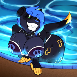 anthro big_breasts bikini black_sclera blue_hair breasts clothing collar dipstick_tail female green_eyes hair leaning leaning_forward markings poolside presenting presenting_breasts sharp_teeth skull_print smile solo spiked_collar spikes swimming_pool swimwear tail tail_markings teeth two-piece_swimsuit wet squealydealy emmy_dook domestic_ferret mammal mustelid musteline true_musteline weasel digital_media_(artwork)