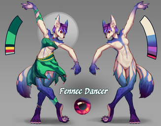 abs anthro blue_body bottomwear bracelet breasts clothed clothing dancer_outfit dancing featureless_breasts female fur gem gold_(metal) gold_jewelry green_bottomwear green_clothing green_skirt green_topwear hair jewelry looking_at_viewer makeup medium_breasts multicolored_body multicolored_hair nude pink_hair purple_hair red_eyes simple_background skirt smile solo standing tail text topwear white_body scarlet_side canid canine fennec_fox fox mammal true_fox digital_media_(artwork) english_text hi_res model_sheet