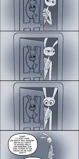 annoyed anthro bed bodily_fluids clock clothed clothing door duo female fool's_hat furniture hat headgear headwear jester lying male on_back open_mouth overalls panicking scared sleeping standing tears text absolutedream glitch_productions the_amazing_digital_circus jax_(tadc) pomni_(tadc) human lagomorph leporid mammal rabbit absurd_res comic english_text greyscale hi_res long_image monochrome tall_image