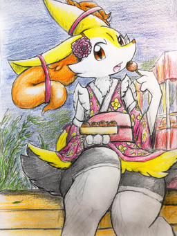 accessory ambiguous_anthro ambiguous_gender anthro asian_clothing clothed clothed_ambiguous clothed_anthro clothing east_asian_clothing festival flat_chested flower flower_in_hair food food_stand front_view hair hair_accessory hair_tie head_tilt japanese_clothing legwear looking_at_viewer open_mouth outside plant sitting snout solo stockings takoyaki yukata eiroru nintendo pokemon braixen canid generation_6_pokemon mammal pokemon_(species) 2019 3:4 colored_pencil_(artwork) graphite_(artwork) hi_res japanese_description portrait three-quarter_portrait traditional_media_(artwork) translated_description