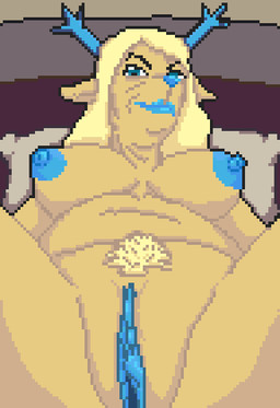 2_horns anthro antlers areola bed big_areola big_breasts big_eyes big_iris big_nipples biped black_eyebrows blonde_hair blonde_pubes blue_antlers blue_areola blue_eyes blue_horn blue_lips blue_lipstick blue_nipples blue_nose blue_vulva breasts breasts_apart brown_background curved_eyebrows ears_aside eyebrows female fur furniture genitals glistening glistening_genitalia glistening_nipples glistening_nose glistening_vulva hair horn humanoid_genitalia humanoid_vulva inside iris light_areola light_body light_fur light_hair light_nipples lips lipstick long_hair looking_at_viewer lying lying_on_bed makeup mature_anthro mature_female monotone_body monotone_fur mouth_closed nipples nude nude_anthro nude_female on_back on_bed pillow pubes puffy_nipples pupils simple_background smile smiling_at_viewer smirk smirking_at_viewer snout solo spread_legs spreading tan_body tan_breasts tan_ears tan_fur thick_thighs vulva white_pillow white_sclera noilez deltarune undertale_(series) carol_holiday deer mammal new_world_deer reindeer 2026 digital_drawing_(artwork) digital_media_(artwork) english_description pixel_(artwork)