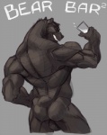 2013 anthro athletic backsack balls bear biceps big_muscles biped black_eyes black_nose brown_body brown_fur butt collar digital_media_(artwork) english_text eyewear fangs flexing fur genitals glasses grey_background grin looking_at_viewer looking_back male mammal milk muscular muscular_anthro muscular_male nude pose rear_view simple_background sketch smile solo spiked_collar spikes standing teeth text wolfy-nail