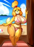 anthro beach big_breasts big_butt bikini breasts butt clothed clothing curvy_figure female pink_clothing seaside side-tie_bikini side-tie_clothing side-tie_swimwear skimpy smile solo string_bikini sunny swimwear thick_thighs triangle_bikini two-piece_swimsuit voluptuous wide_hips bluebambo animal_crossing nintendo isabelle_(animal_crossing) canid canine canis domestic_dog mammal hi_res