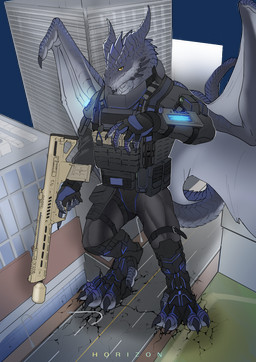 5_fingers 5_toes abs anthro biped black_claws blue_body building city city_background cityscape claws clothed clothing digitigrade feet finger_claws fingerless_gloves fingers footwear gear gloves gun handwear house looking_at_viewer macro macro_anthro macro_male male muscular muscular_anthro muscular_male outside pecs rampage ranged_weapon smile solo spread_wings suit tail toe_claws toeless_footwear toes topwear weapon wings yellow_eyes horizon65836561 mythology erio_(kaemn) dragon mythological_creature mythological_scalie scalie hi_res