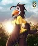 anthro beak bottomless brazil breasts butt clothed clothing feathers female non-mammal_breasts shirt solo topwear fabio_paulino avian bird ramphastos toco_toucan toucan