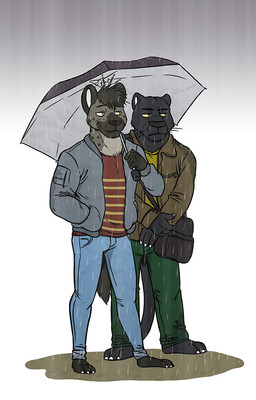 3_toes 4_fingers 5_fingers anthro bag barefoot biped black_body black_eyes black_fur black_nose black_tail blue_bottomwear blue_clothing bottomwear brown_body brown_clothing brown_fur brown_hair brown_spots brown_tail brown_topwear claws clothed clothing duo eyebrows feet fingers fur gradient_background green_bottomwear green_clothing grey_clothing grey_topwear grumpy hair hand_in_pocket holding_object holding_umbrella jacket male markings melanistic multicolored_body multicolored_fur pants plantigrade pockets raining red_clothing red_topwear shirt short_hair simple_background smile spots spotted_body spotted_fur standing tail tan_body tan_fur toe_claws toes topwear umbrella wet whiskers white_claws yellow_clothing yellow_eyes yellow_sclera yellow_topwear rayfkm felid hyena mammal pantherine spotted_hyena 2016 digital_media_(artwork)