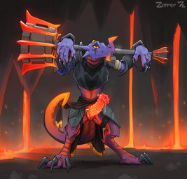armor bodily_fluids flared_penis genital_fluids genitals glowing glowing_genitalia glowing_penis glowing_tail lava leaking_precum looking_at_viewer mace magma_mauler_(monster_train) male melee_weapon penis precum presenting solo tail weapon zipper_7z monster_train_2 reptile scalie hi_res