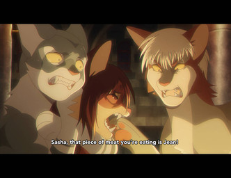ambiguous_gender black_bars blonde_hair brown_eyes brown_hair dialogue feral feral_with_hair feralized fur grey_body grey_fur group hair holding_back_tears imminent_cannibalism orange_body orange_fur orange_sclera pink_nose sharp_teeth teeth text trio white_body white_fur yellow_body yellow_fur yellow_sclera silveyytm attack_on_titan connie_springer jean_kirstein sasha_braus abyssinian_cat domestic_cat felid feline felis mammal singapura_cat somali_cat 2020 english_text letterbox female_(lore) male_(lore)