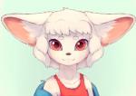 absurd_res black_nose blue_clothing blue_topwear canid canine clothing color_fox female fox front_view fur fur_tuft hi_res inner_ear_fluff mammal red_clothing red_eyes red_topwear simple_background smile solo topwear tuft yobi_the_five_tailed_fox yobi_(yobi_the_five_tailed_fox)