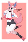 anthro athletic athletic_anthro athletic_female big_breasts biped black_bottomwear black_clothing black_shorts blue_body blue_eyes blue_fur blush bottomwear bra breasts clothed clothed_anthro clothed_female clothing female fingers fur hand_on_hip humanoid_hands looking_at_viewer looking_up midriff navel paws pink_body pink_fur pose shorts simple_background solo sports_bra text thick_thighs tight_clothing underwear white_body white_fur poppy's69 nintendo pokemon eeveelution generation_6_pokemon pokemon_(species) sylveon 2024 artist_name full-length_portrait hi_res pinup portrait