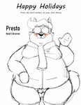 anthro balls belly big_belly blush clothing erection genitals male overweight overweight_male penis scarf small_penis solo sweater text topwear bravo canid canine canis domestic_dog mammal 2022 english_text hi_res sketch