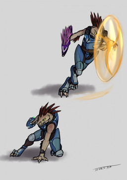 3_fingers 3_toes action_pose anthro arm_quills armor claws clothed clothed_anthro clothed_male clothing crouching digitigrade energy_shield feet finger_claws fingers gun holding_gun holding_object holding_ranged_weapon holding_weapon male male_anthro needler plasma_pistol pose pupils quill_hair ranged_weapon red_quills shield simple_background slit_pupils solo toe_claws toes weapon yellow_eyes toddavali halo_(series) microsoft xbox_game_studios t'loaki alien ibie'shan kig-yar reptile scalie 2023 colored hi_res