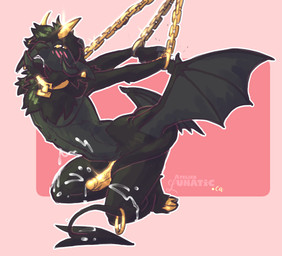 accessory arms_tied black_body blush bodily_fluids bound butt_wings chain chained clenched_teeth cum cum_on_body cum_on_leg drooling ear_piercing ejaculation feral furgonomics genital_fluids genitals glistening glistening_genitalia gold_(metal) gold_jewelry horn jewelry kneeling male neck_tied penis piercing ring saliva solo spade_tail tail tail_accessory tail_around_leg tail_jewelry tail_ring teeth unusual_wing_placement wings yellow_eyes yellow_penis atelierlunatic resta_ram demon hi_res