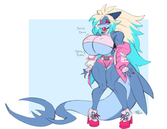anthro big_breasts big_tail blonde_hair blue_body bottomwear breasts clothing eye_patch eyewear female footwear gloves hair handwear heart_eyes heart_symbol high_heels huge_breasts huge_hips huge_thighs hyper hyper_breasts hyper_hips jacket lips long_hair looking_down open_mouth pink_clothing pink_jacket pink_topwear shoes shorts simple_background solo standing tail thick_lips thick_thighs topwear wide_hips scarfyace aquatic fish shark 2025 absurd_res digital_media_(artwork) hi_res