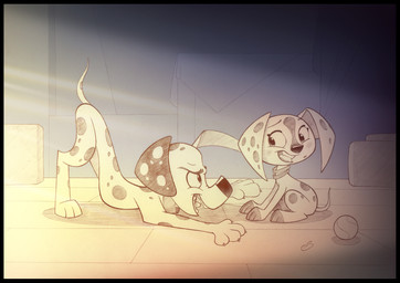 attic ball black_border black_nose black_pawpads black_spots border box collar container duo female feral floppy_ears fur heterochromatic_ears male pawpads spots tennis_ball toony white_body white_fur sherwoodwhisper 101_dalmatian_street 101_dalmatians disney dee_dee_(101_dalmatians) dylan_(101_dalmatians) canid canine canis dalmatian domestic_dog mammal hi_res